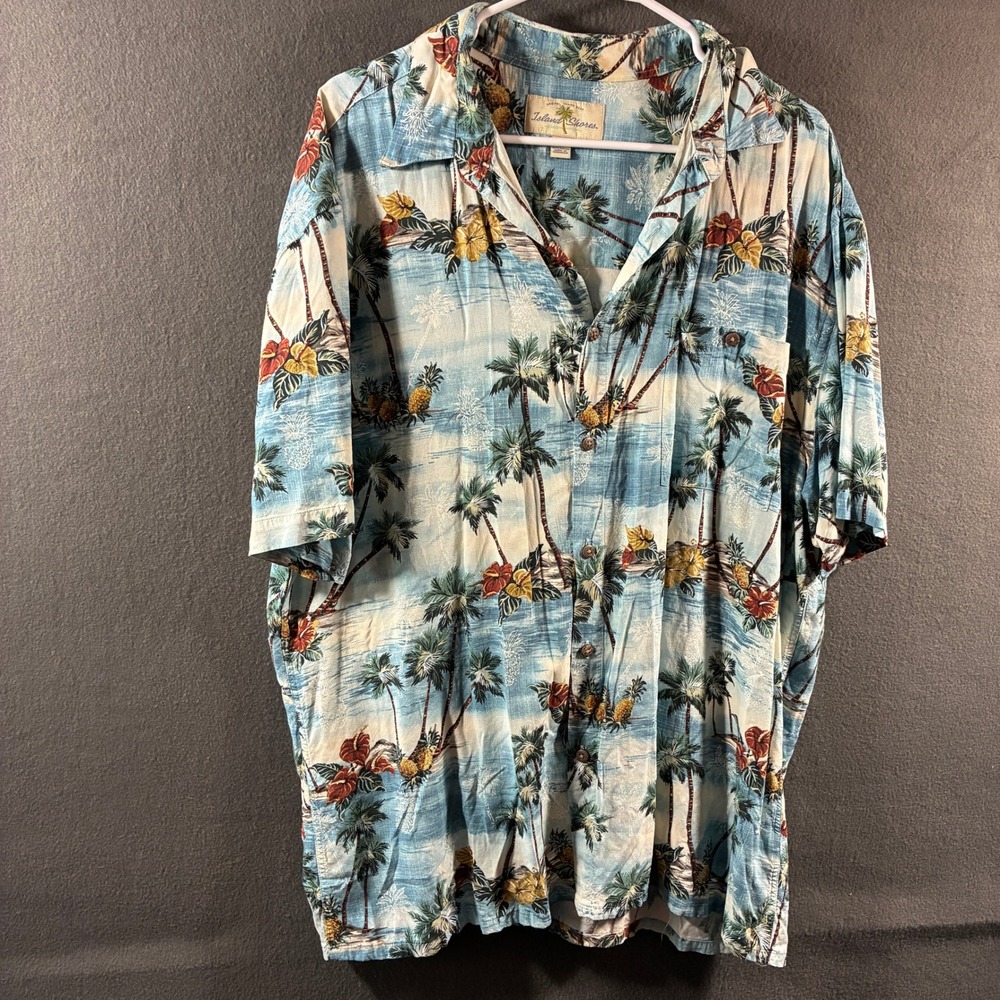 Island Shores men Hawaiian Shirt xl Tropical Palm Tree Pineapple Rayon Blue